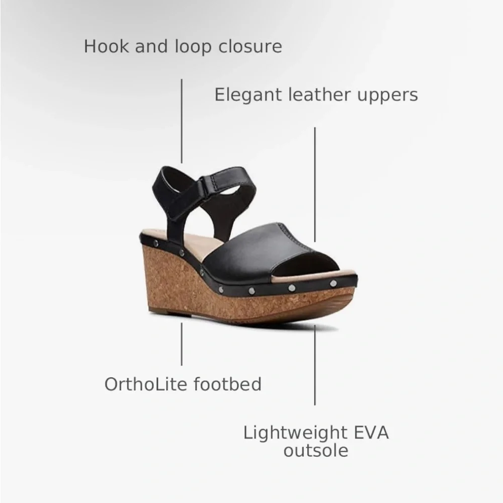 Clarks Annadel Clover Black Wedge Sandals | Size 5.5 | Comfortable Cork Heels